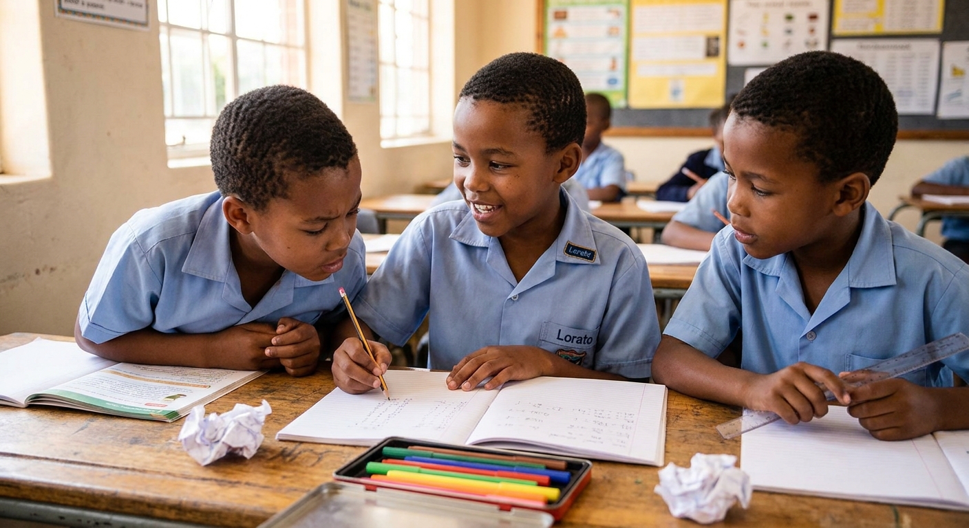 Three Lorato Primary pupils working together at a desk