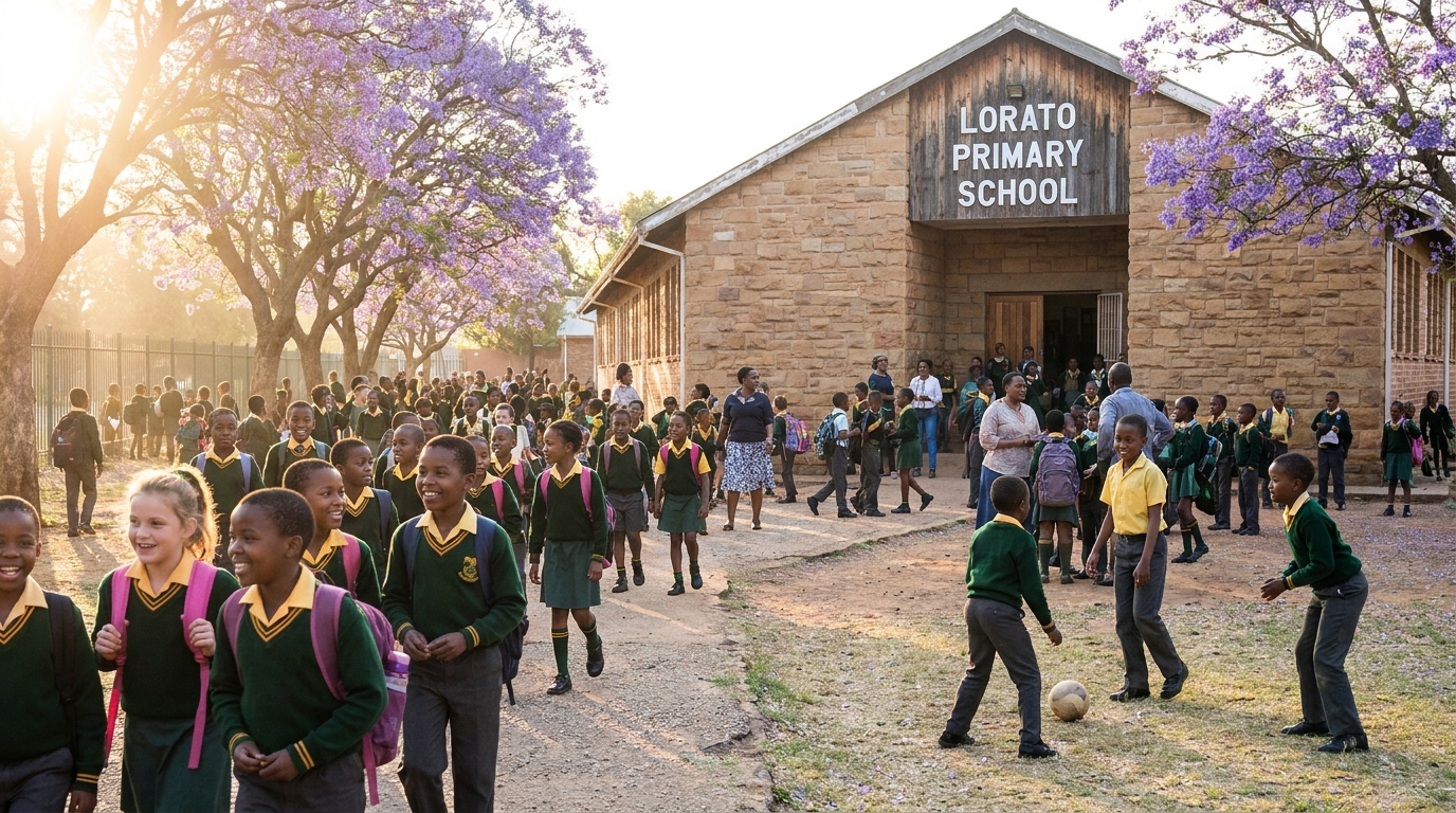 Children walking into Lorato Primary School on a sunny morning