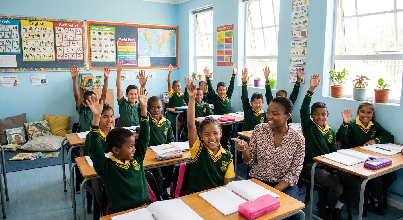 Eager pupils raise their hands in an English lesson