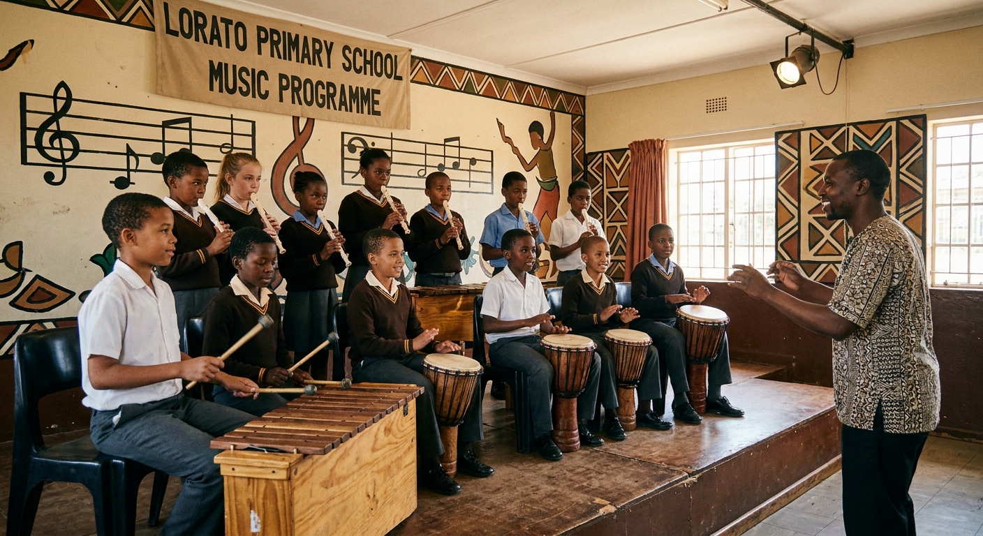 The school choir and ensemble rehearsing on stage
